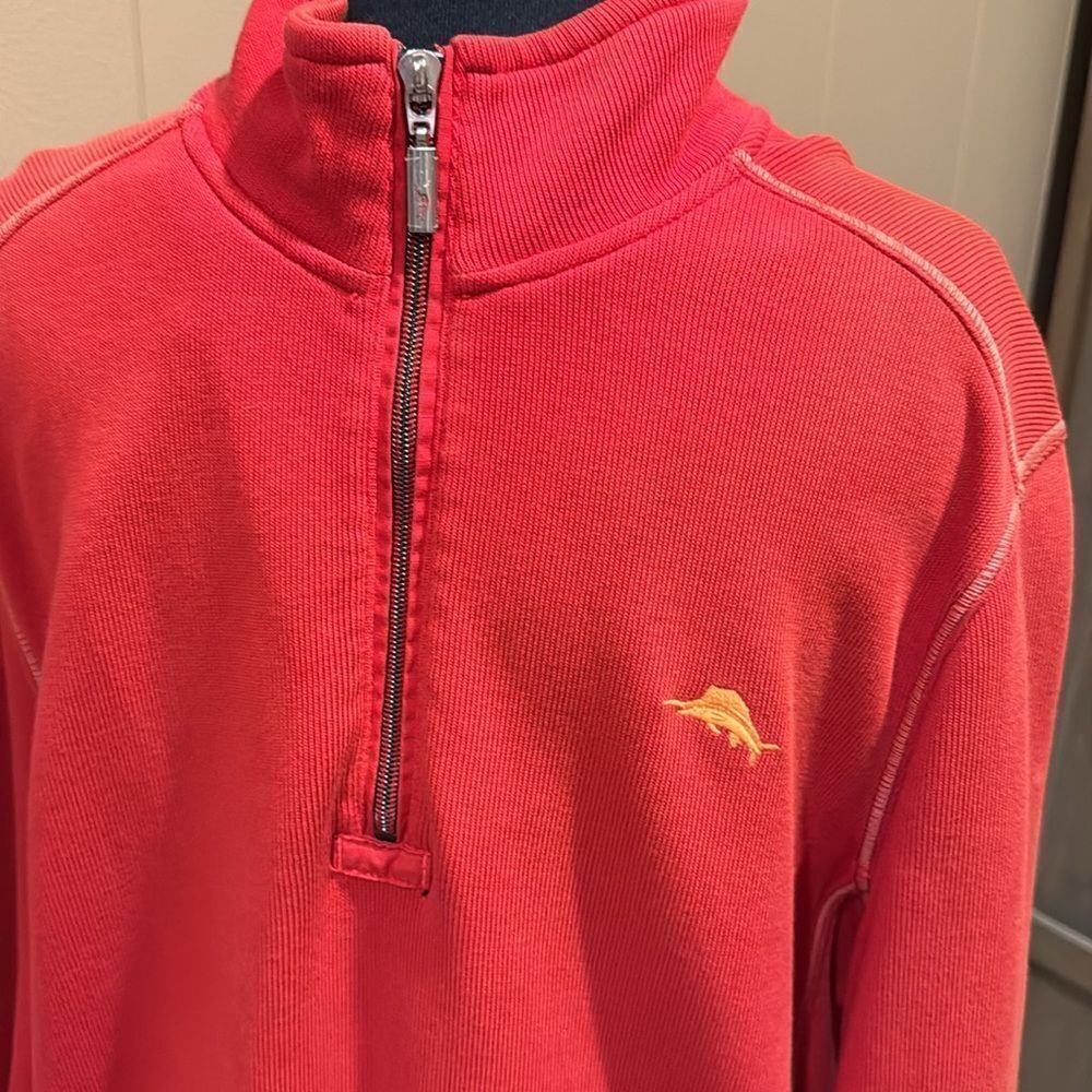 Tommy Bahama Tobago Bay RELAX deep orange/lt orange seam stitching 1/4 zip. Med - Picture 3 of 7